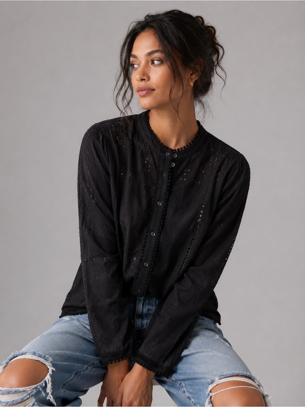 INDUSTRY Women's Black Lace-Detail Button-Down CottageCore Blouse